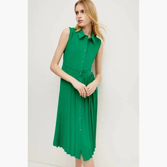 NWT!! KAREN MILLEN Soft Tailored Pleated Sleeveless Shirt Dress Solid Green US 8 - Picture 5 of 16